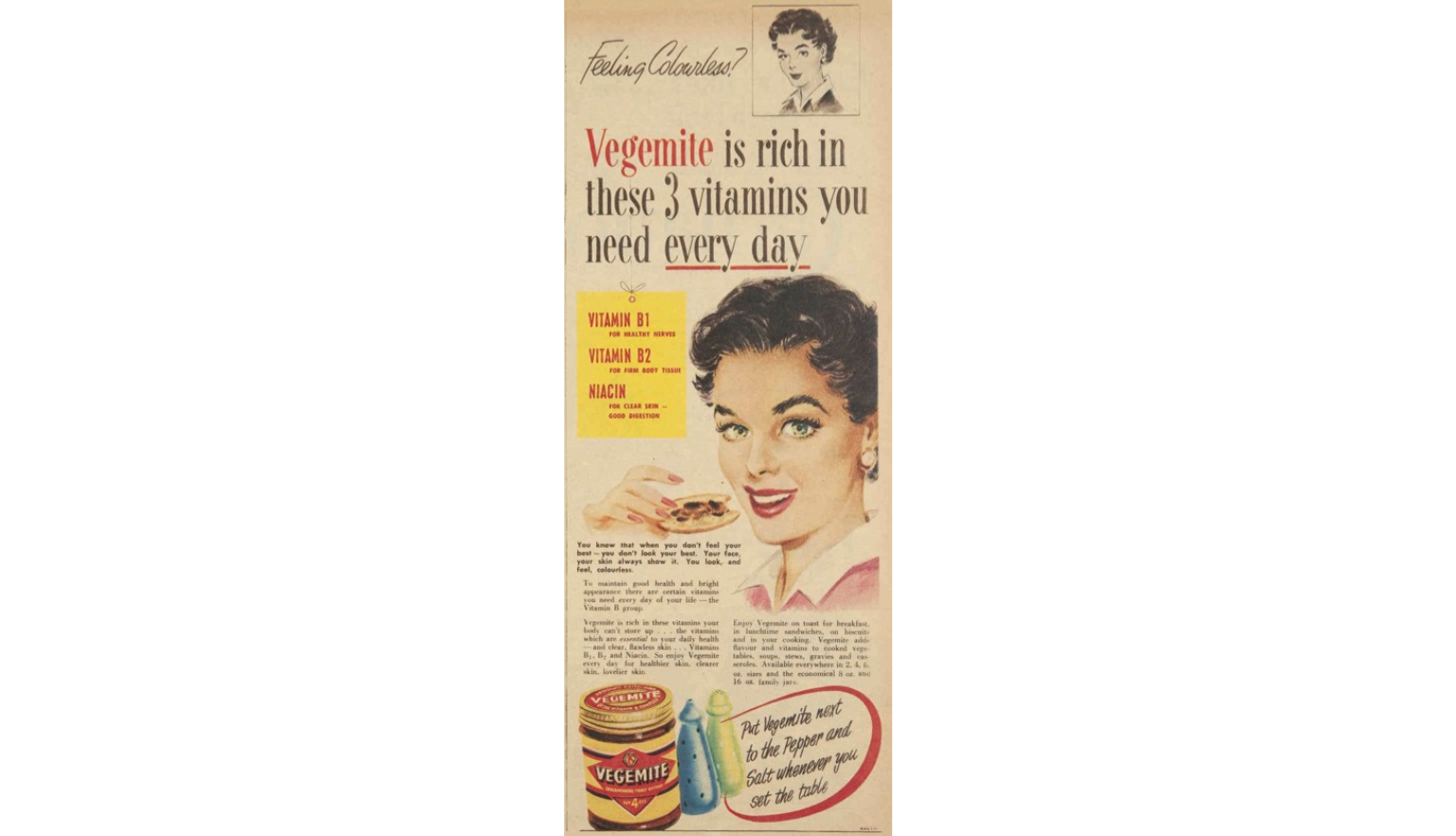 Advertisement for Vegemite featuring an illustration of women eating Vegemite toast and large text reading 'Vegemite is rich in these three vitamins you need every day'