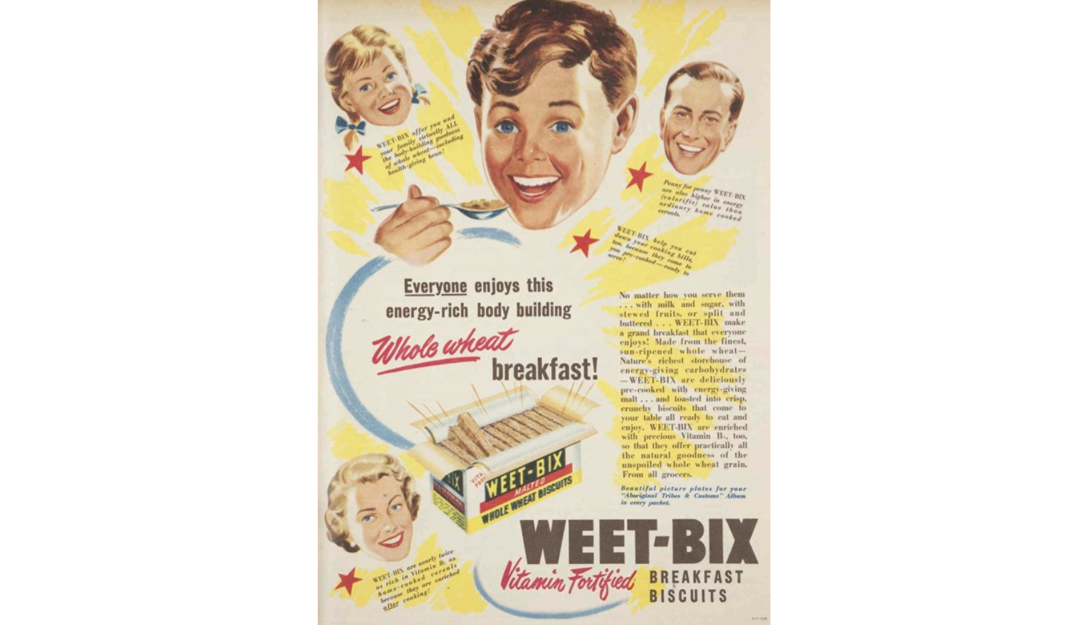 Advertisement for Weet-Bix with images of Australians of various ages and text reading 'Everyone enjoys this energy-rich body building whole wheat breakfast'