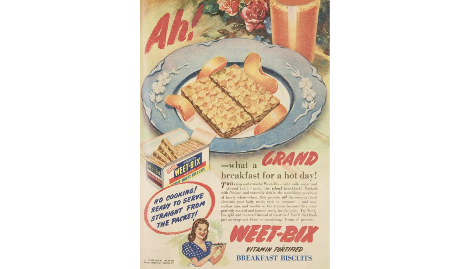 Advertisement for Weet-Bix with an illustration of a bowl of Weet-Bix with milk and peaches and text reading 'Ah What a grand breakfast for a hot day!'