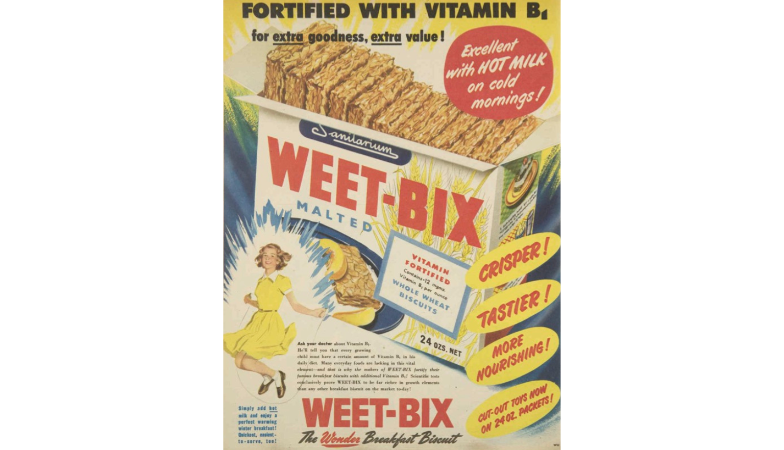 Advertisement for Weet-Bix featuring a colourful illustration of an open box of Weet-Bix and text reading 'FORTIFIED WITH VITAMIN B. for extra goodness, extra value!'