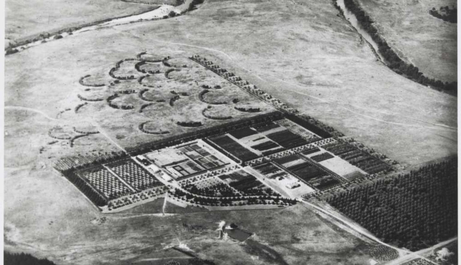An aerial black-and-white photo of a field with a nursery