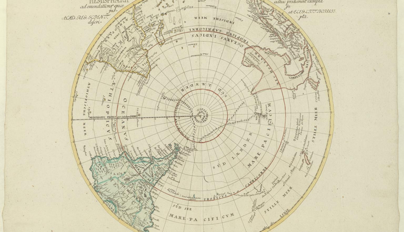 An antique map titled "TABULA GEOGRAPHICA HEMISPHAERII AUSTRALIS" depicting the Southern Hemisphere. The map shows various continents and regions including parts of South America, Africa, Australia, and Antarctica. It is centered on the South Pole with latitude and longitude lines radiating outward. Geographical features are labelled in Latin.