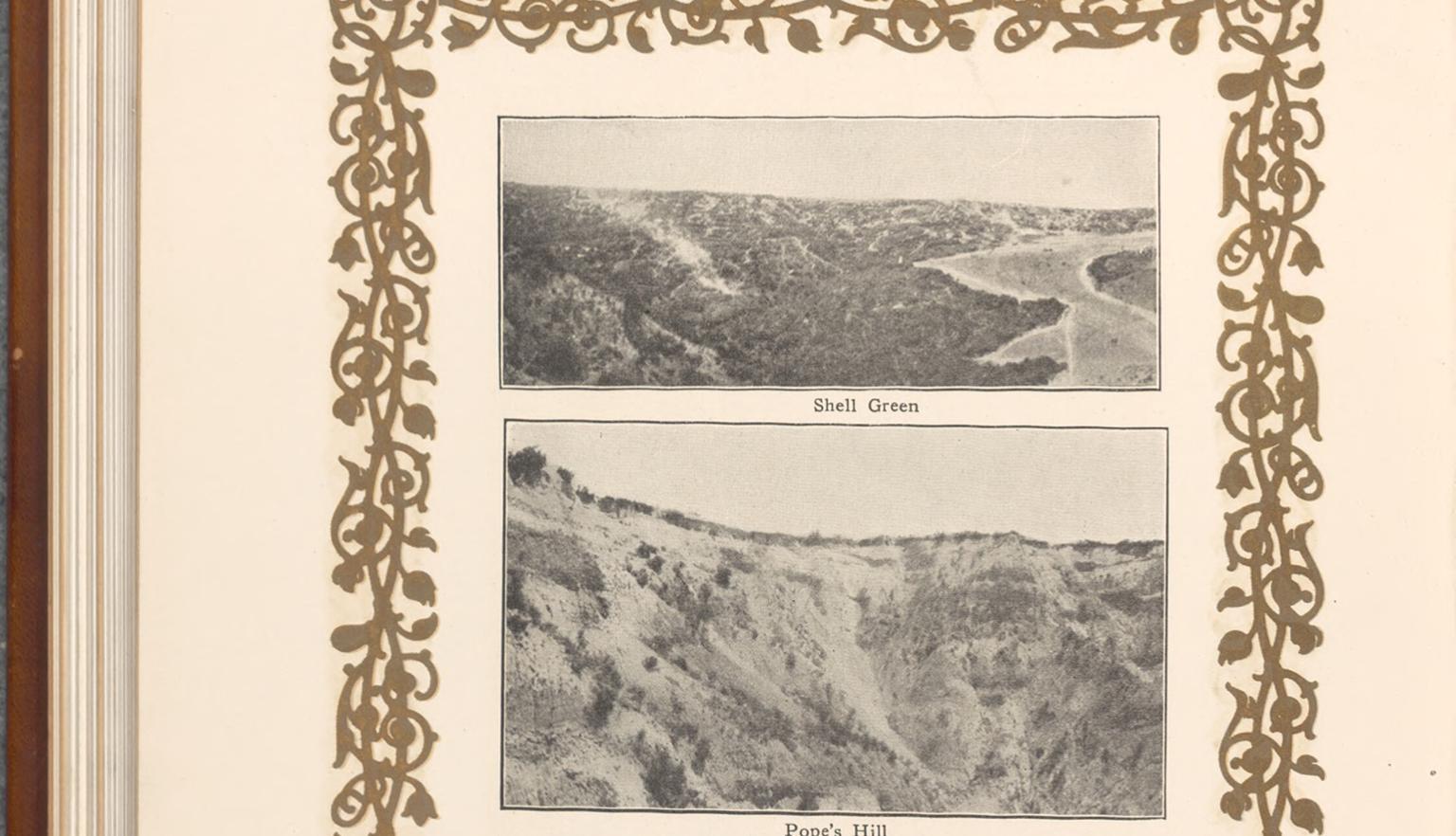 3 photos inside a border of gold, each one shows the movement of supplies by horse and carriage in different difficult terrains.