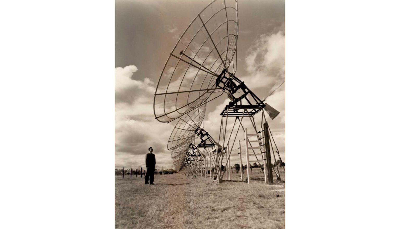 A photograph of a man looking up at a line of radio telescopes which extends into the distance.