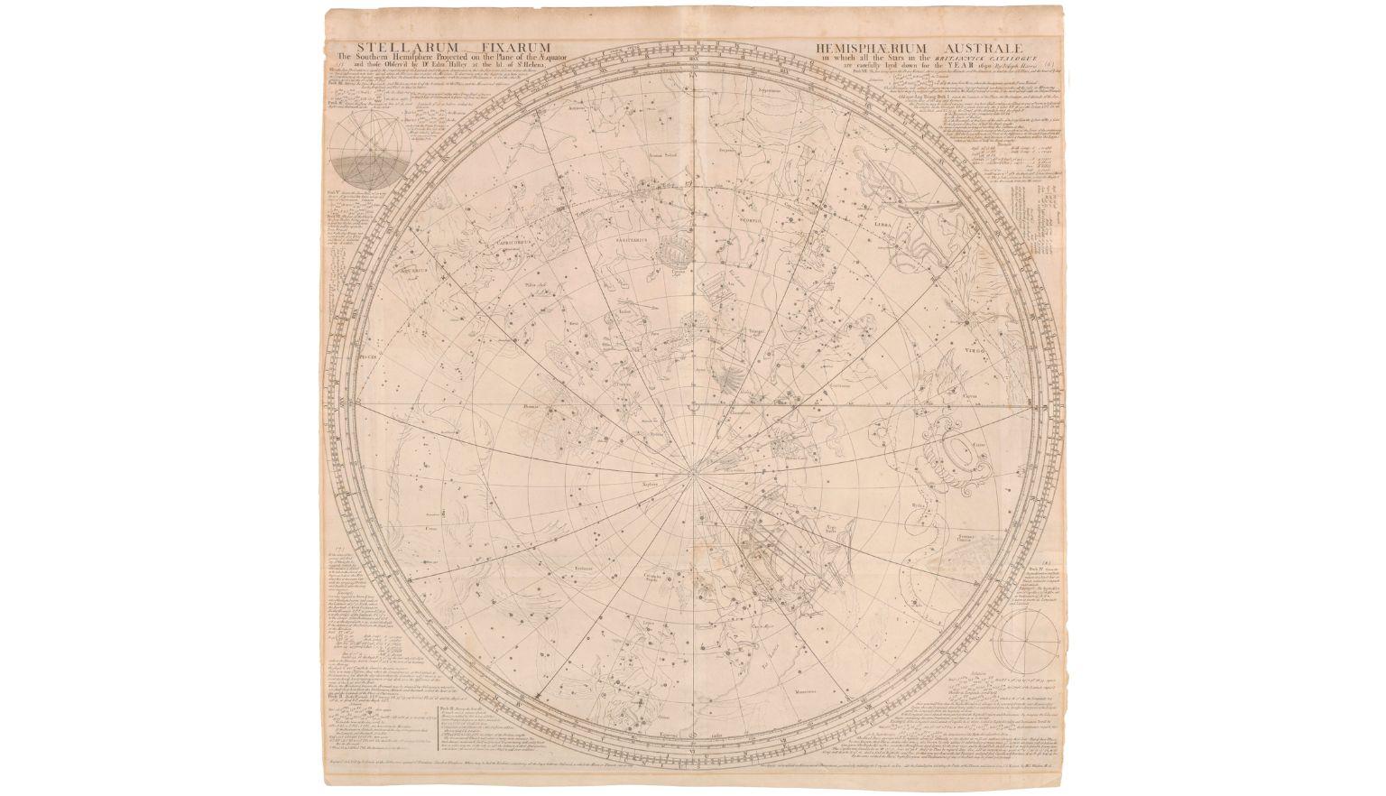 A map in Latin of stars in the Southern Hemisphere with designs of mythological characters denoting constellations.