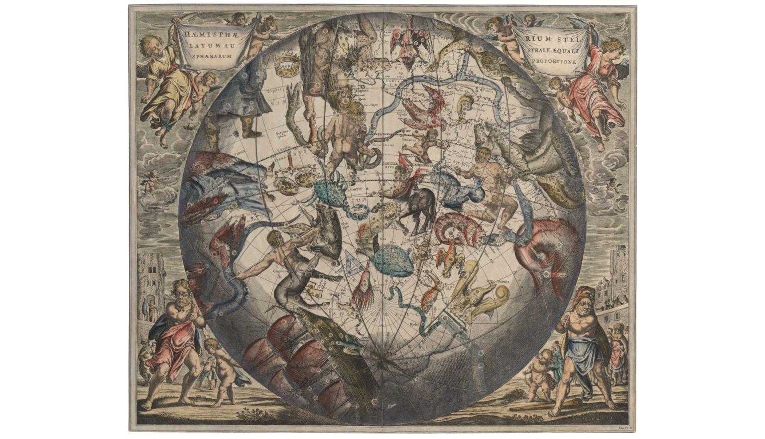  A map in Latin of stars of the Southern Hemisphere with colourful mythological designs denoting the constellations.