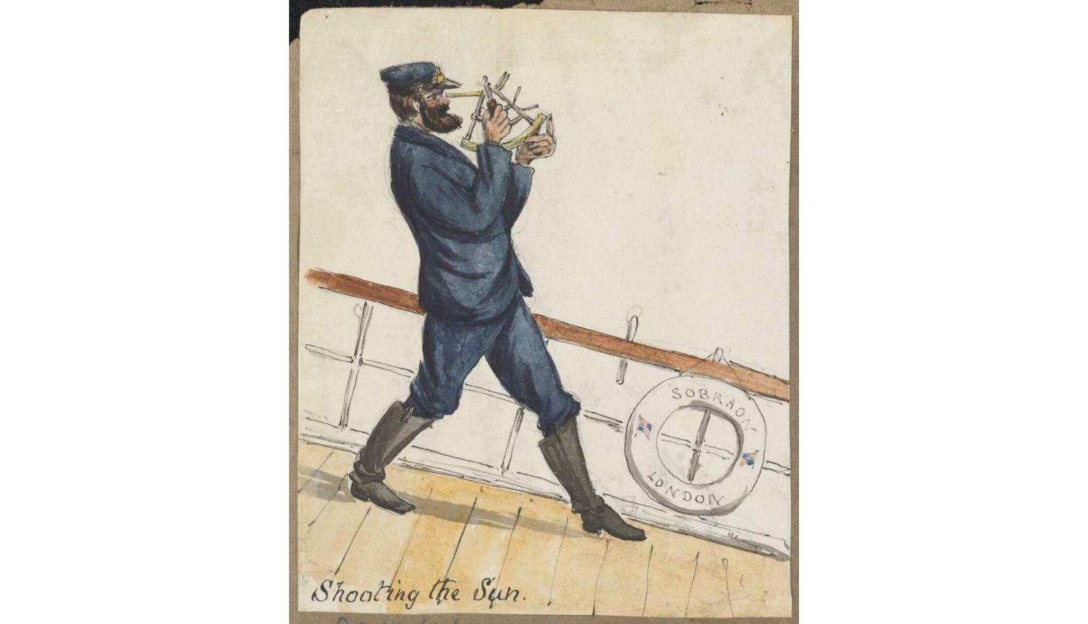 A watercolour of a sailor using a sextant to measure the distance between the sun and the horizon. 