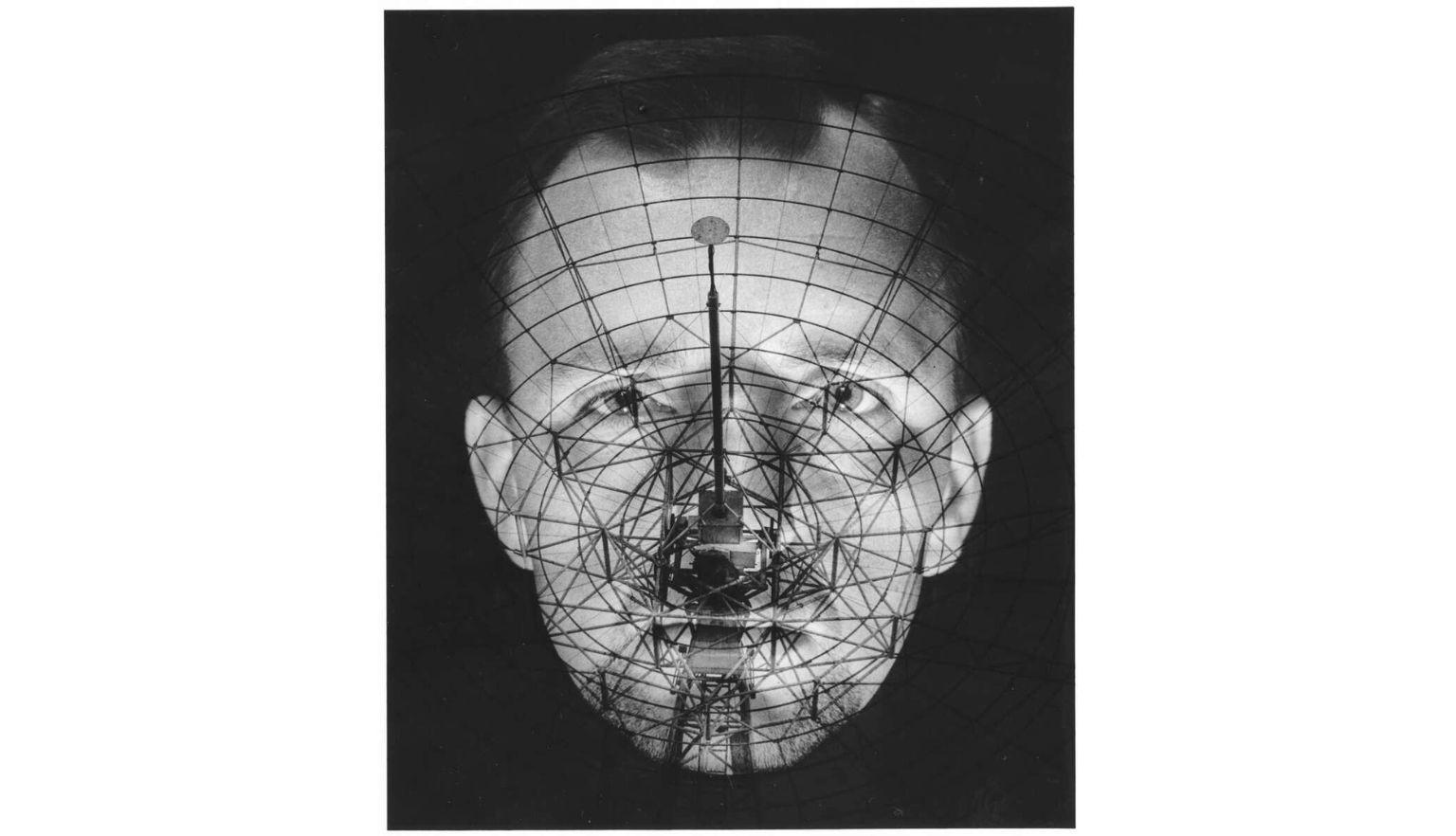 A portrait of a man with a radio telescope superimposed on his face.