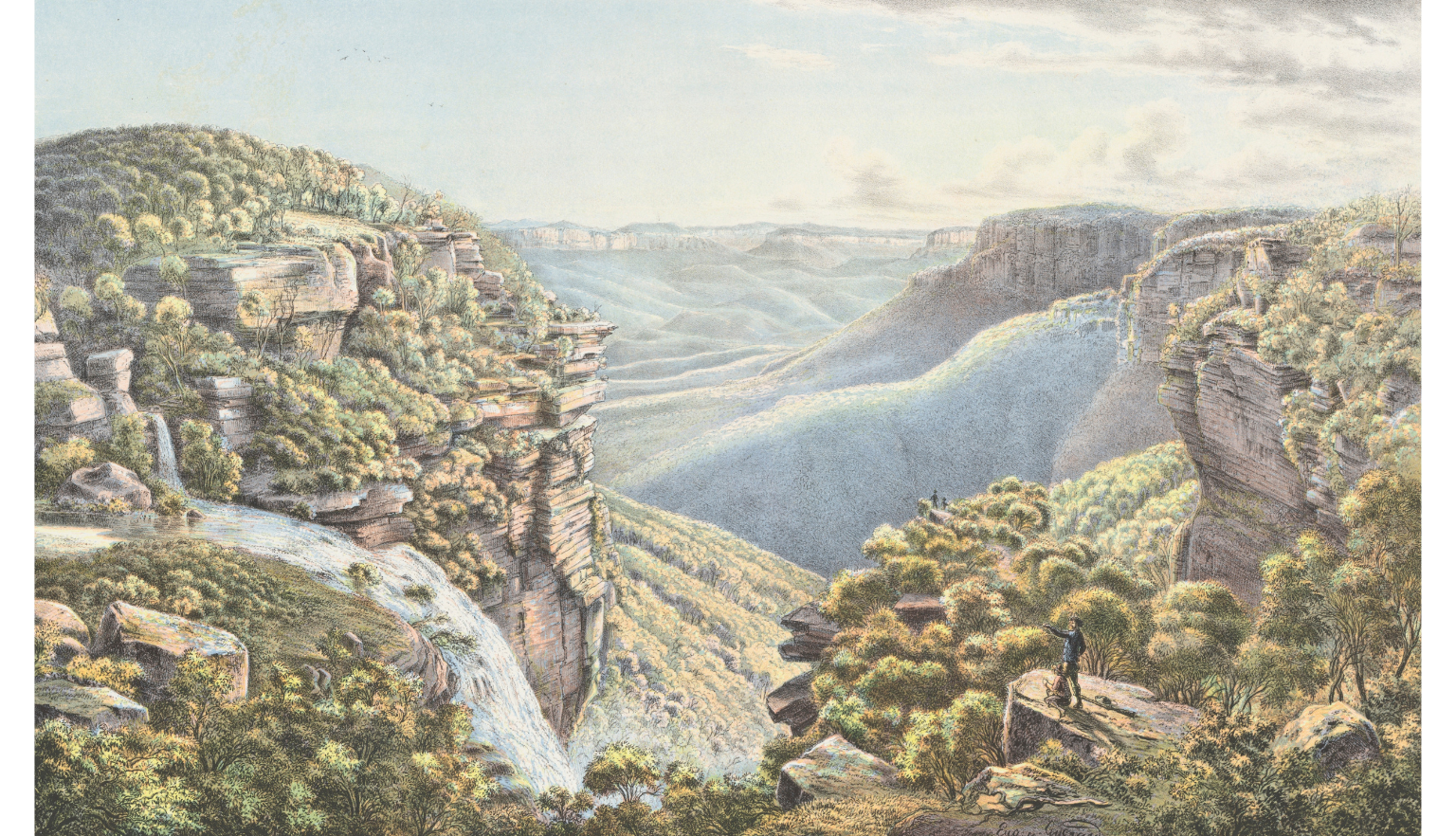 Very detailed illustration of a valley, with a waterfall going down to it and a man standing on a cliff looking out at it