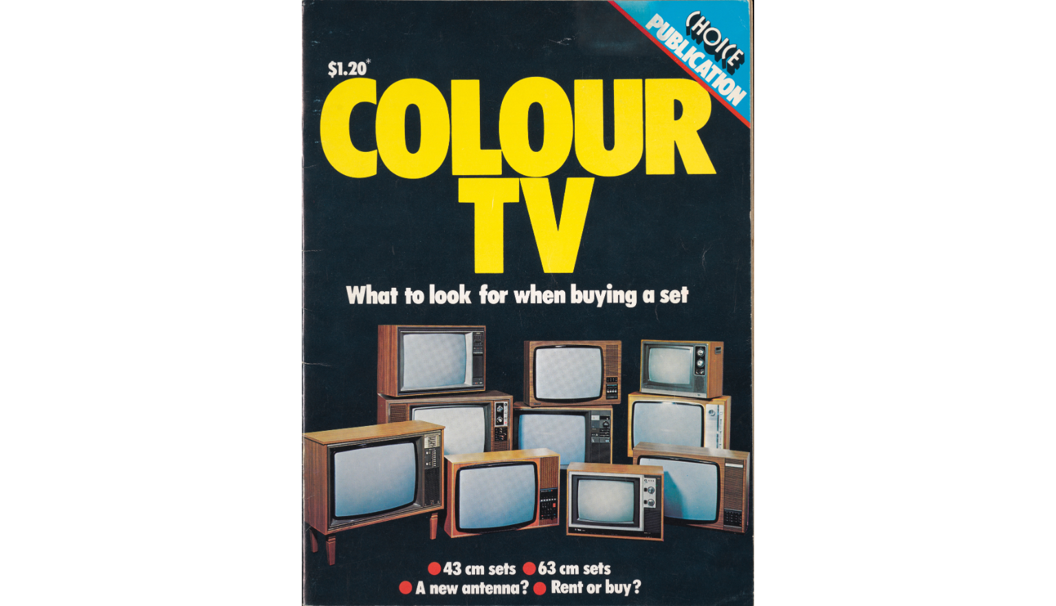 A publication showing a range of new colour televisions with the words Colour TV, what to look for when buying a set