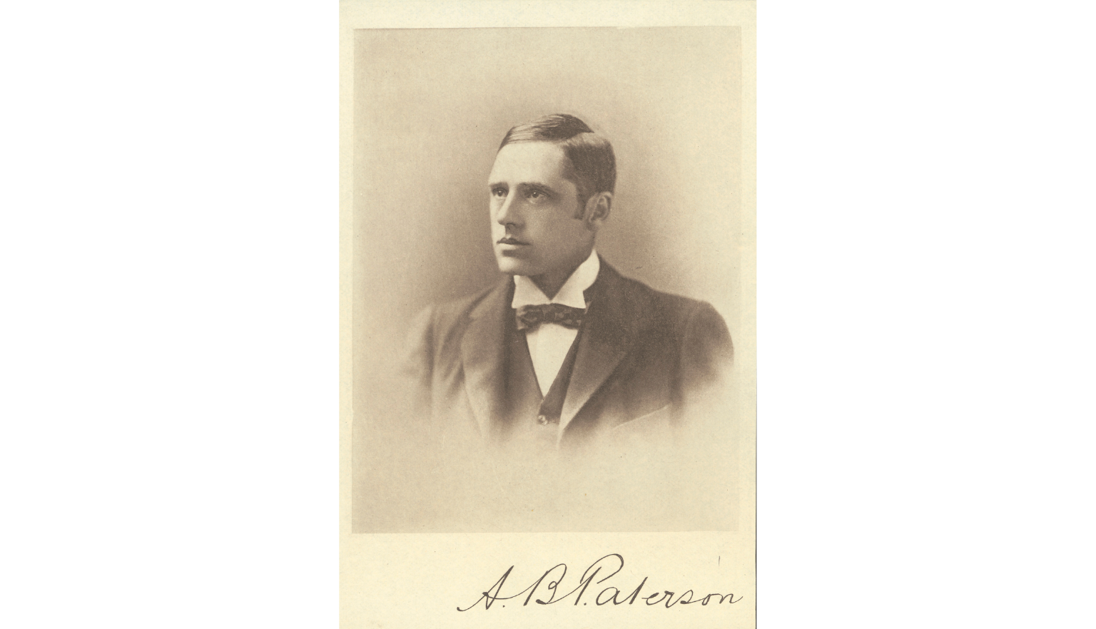 Black and shite portrait illustration of Banjo Paterson wearing a suit, with a print of his signature underneath