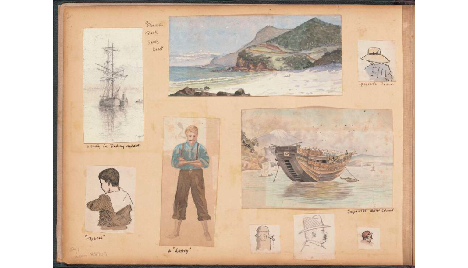 Page of a sketchbook with illustrations of beaches, ships and figures