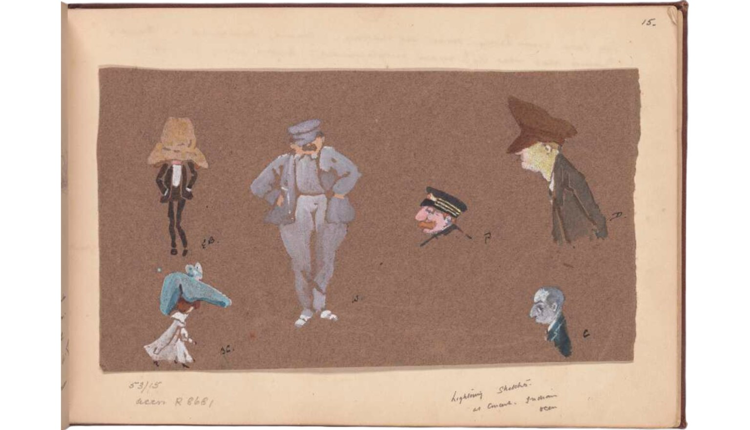 Sketchbook page with coloured illustrations of 6 figures