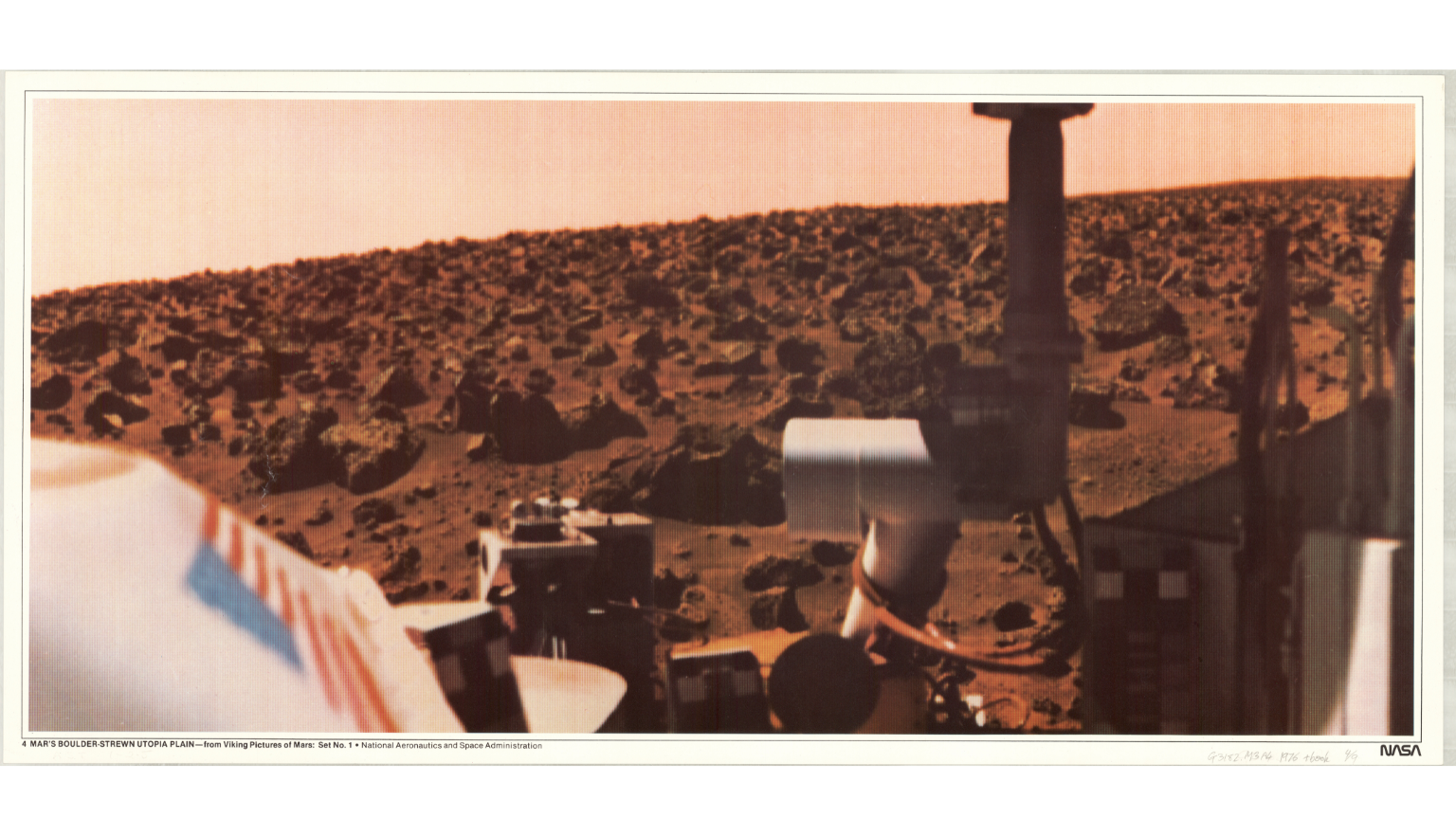 A colour image of the surface of Mars with a spacecraft in the foreground