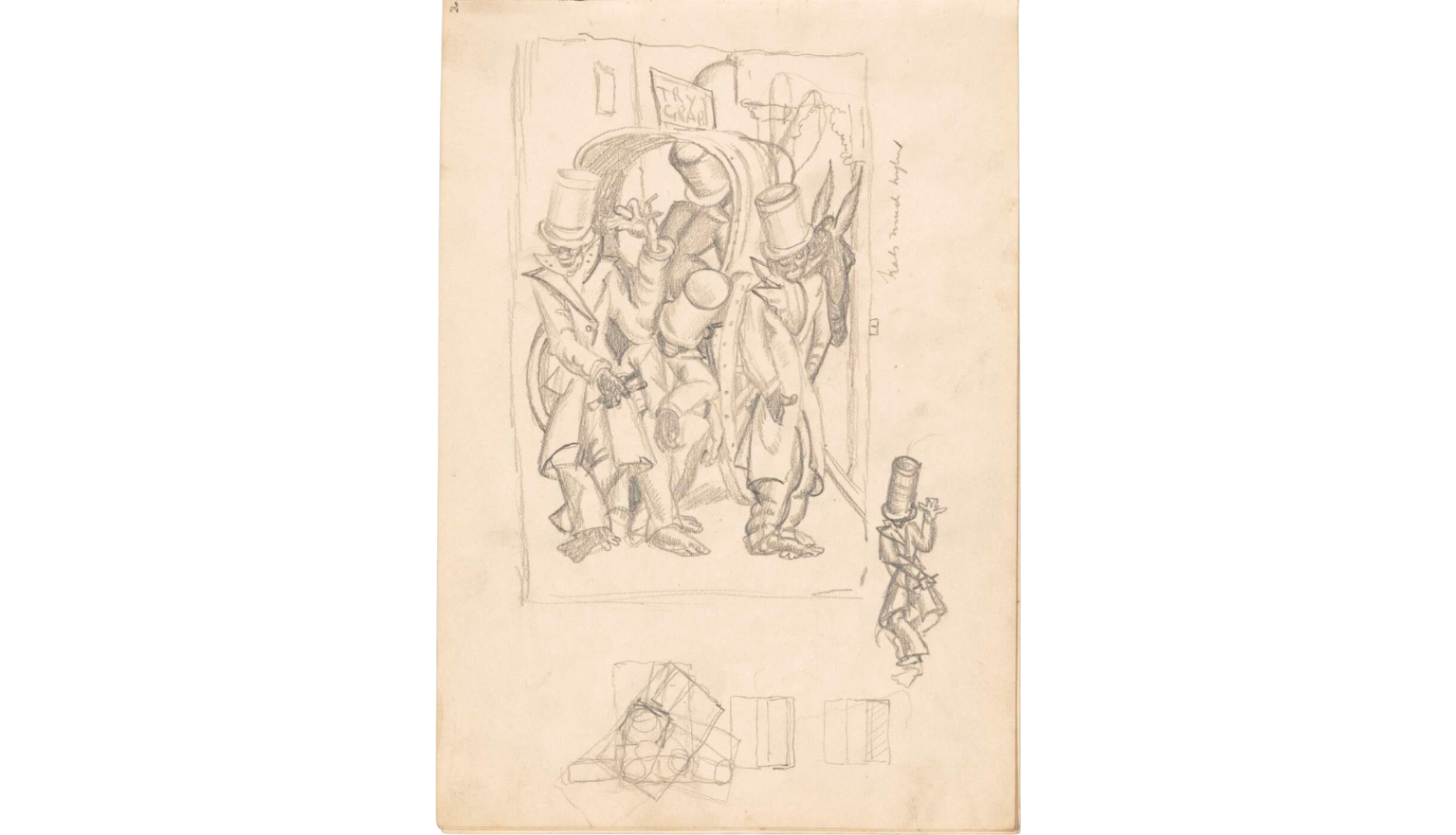 Pencil sketch of figures in top hats and long coats