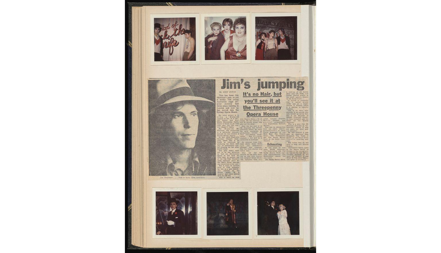 collage of 6 behind the scenes photos and a newspaper clipping titled Jim's jumping