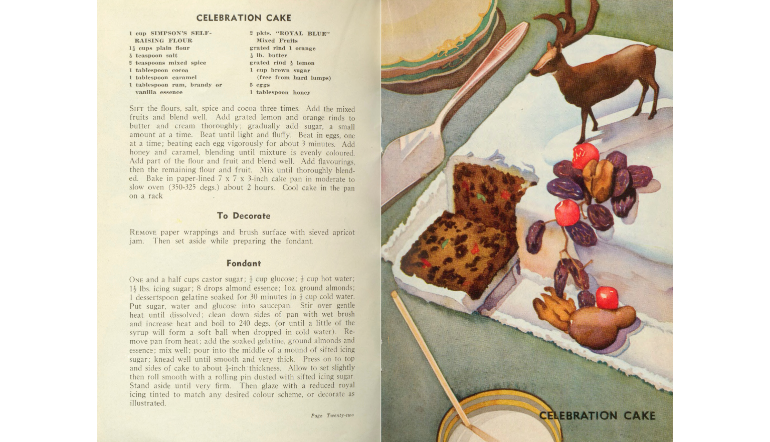 Double page of a cookbook, on the left page is a recipe for a celebration cake with fondant and on the right page is an illustration of the completed cake