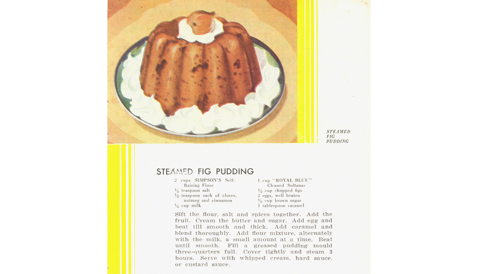 Page of a cookbook featuring an illustration of a steamed fig pudding with a recipe for it