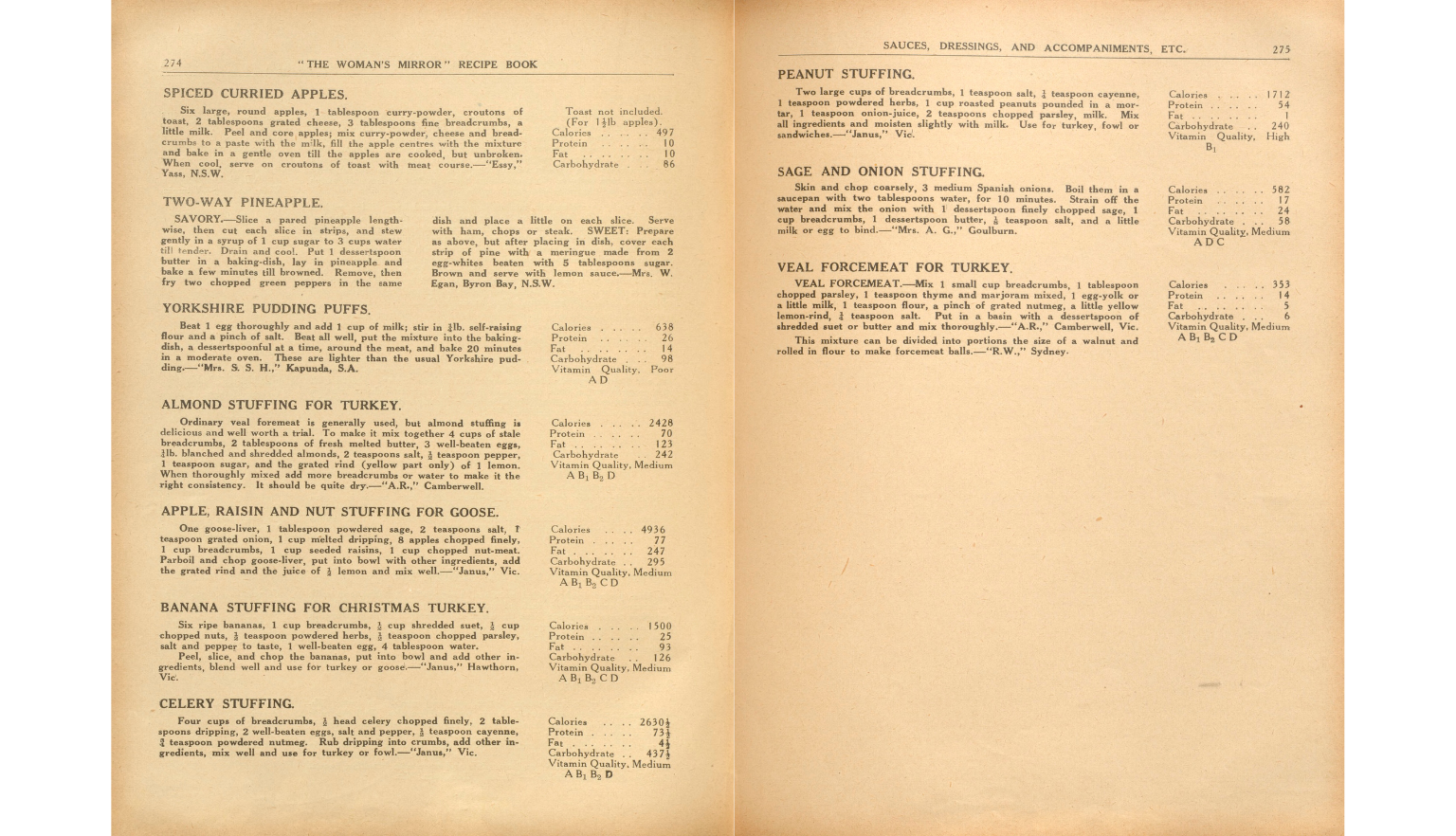 Double-page spread of a old cookbook showing pages for different kinds of stuffing, including 'Almond stuffing for turkey', ''Banana stuffing for Christmas turkey', 'Celery stuffing' and 'sage stuffing'