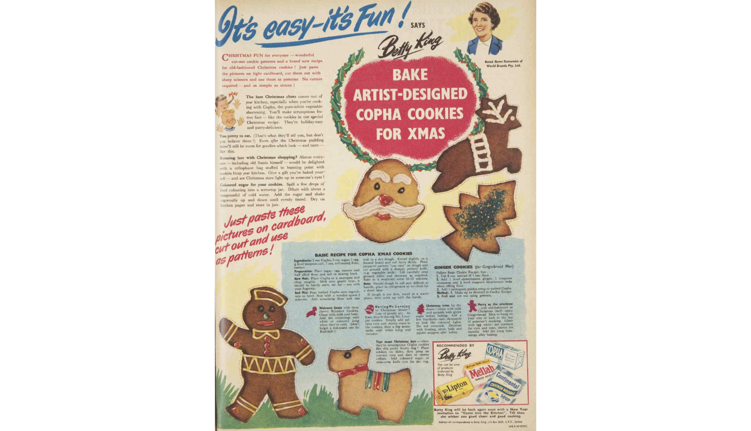 Magazine advertisement for Copha vegetable shortening featuring  a recipe for Christmas cookie and instructions for decorating them