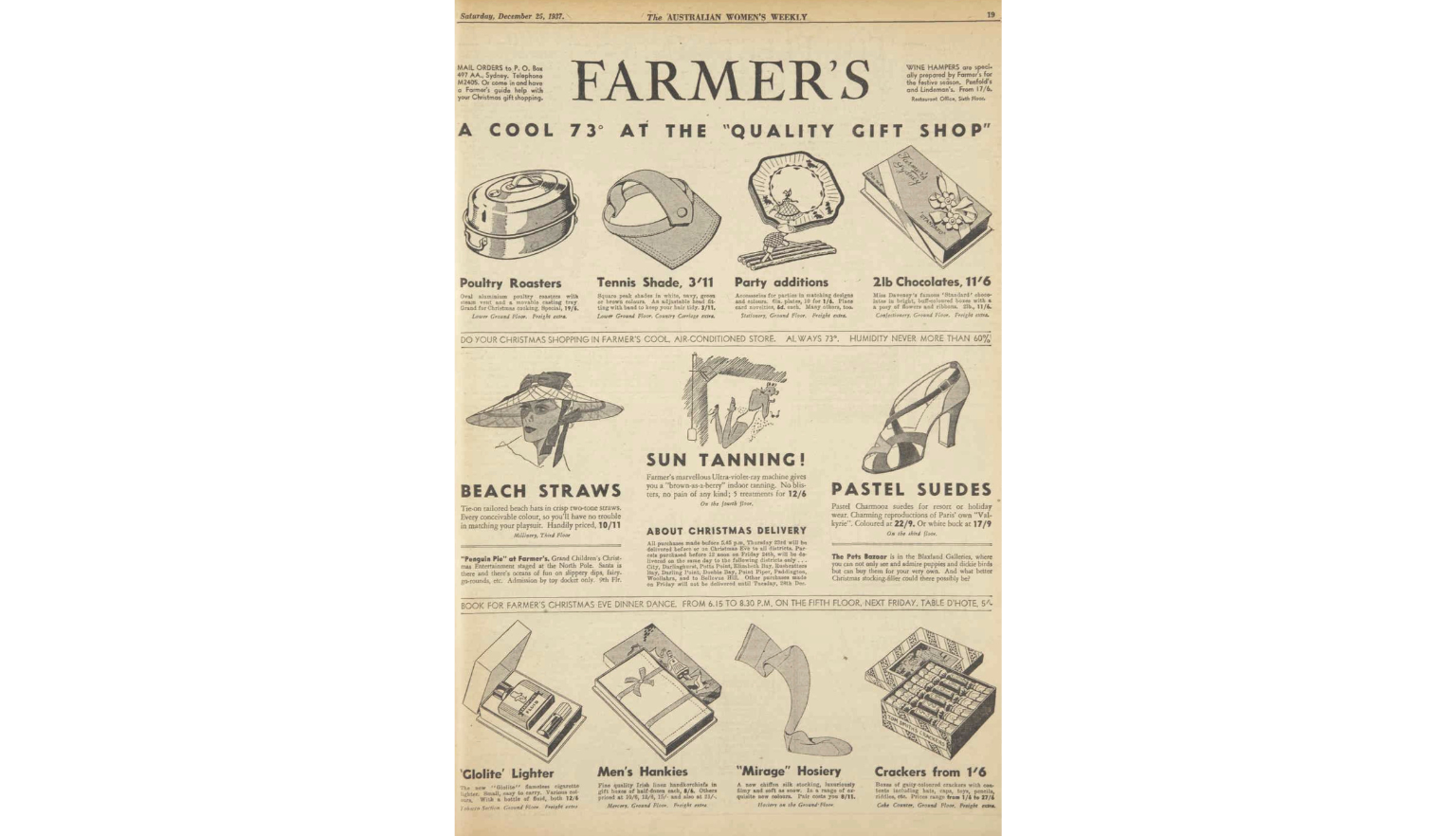 Black and white advertisement for Farmer's gift shop showcasing their different products that would make good Christmas presents, including poultry roasters, a tennis shade hat, shoes and a lighter