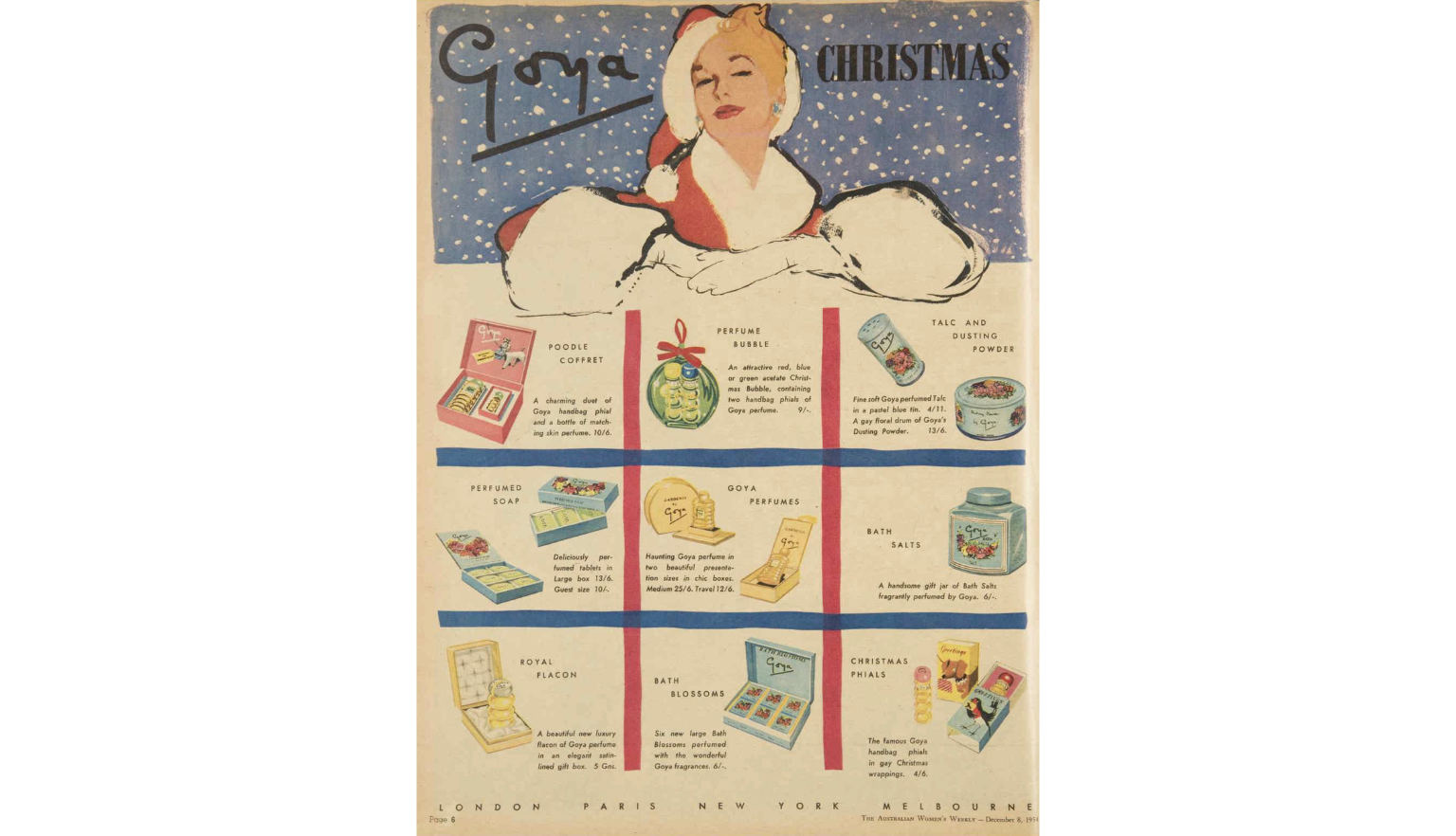 Magazine advertisement for Goya cosmetics and toiletries for Christmas, including perfumes, talc and dusting powder, soap, bath salts and bath blossoms, with illustrations of the products and a woman in a red fur-lined outfit with a Christmas hat