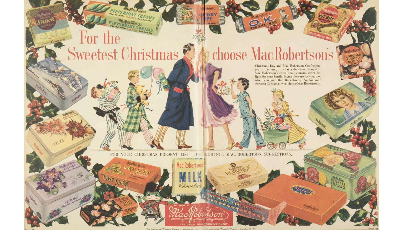 Double page magazine advertisement for MacRoberton's chocolates with the slogan 'For the sweetest Christmas' and illustrations of a family, different chocolates and holly plants