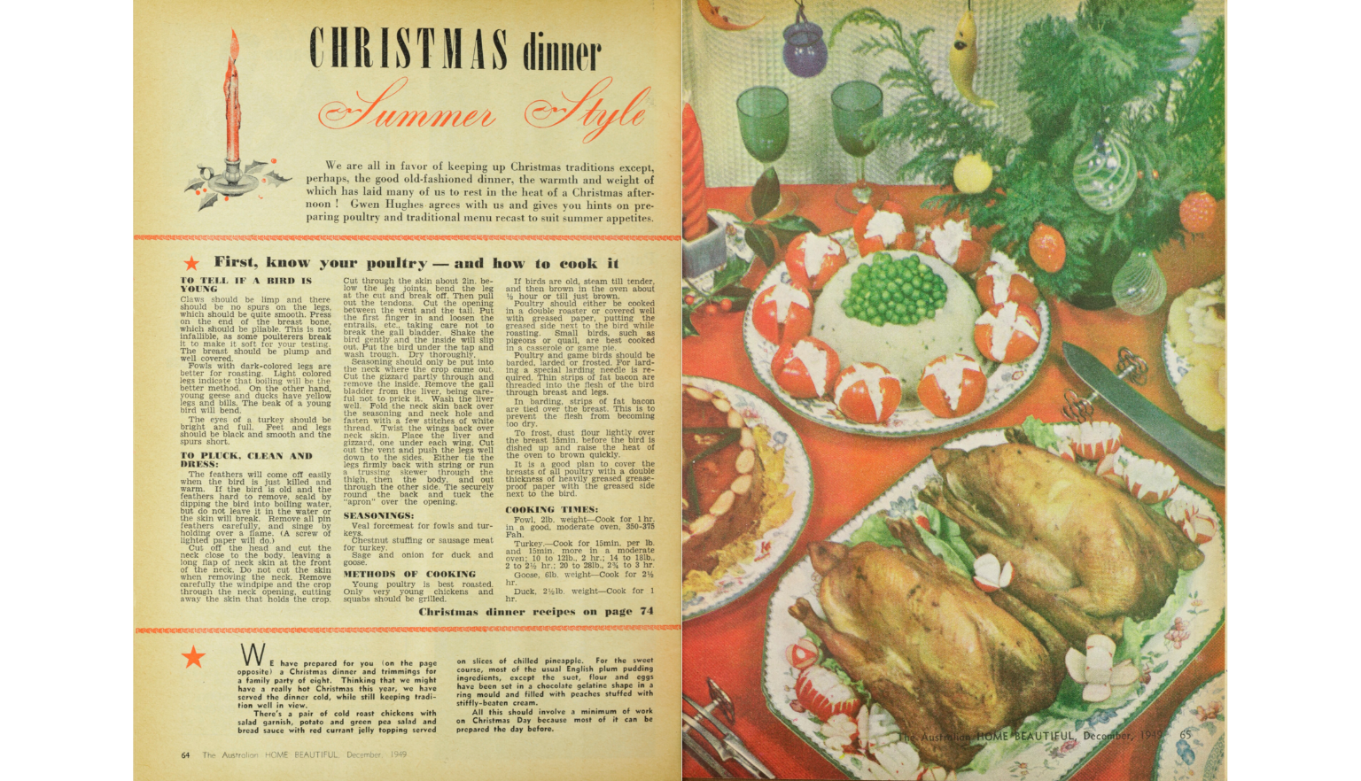 Double page spread of a magazine with the left page including instructions for cooking poultry and the right page features a large colourful illustration of 2 roast chickens on a table with other Christmas dishes and decoration