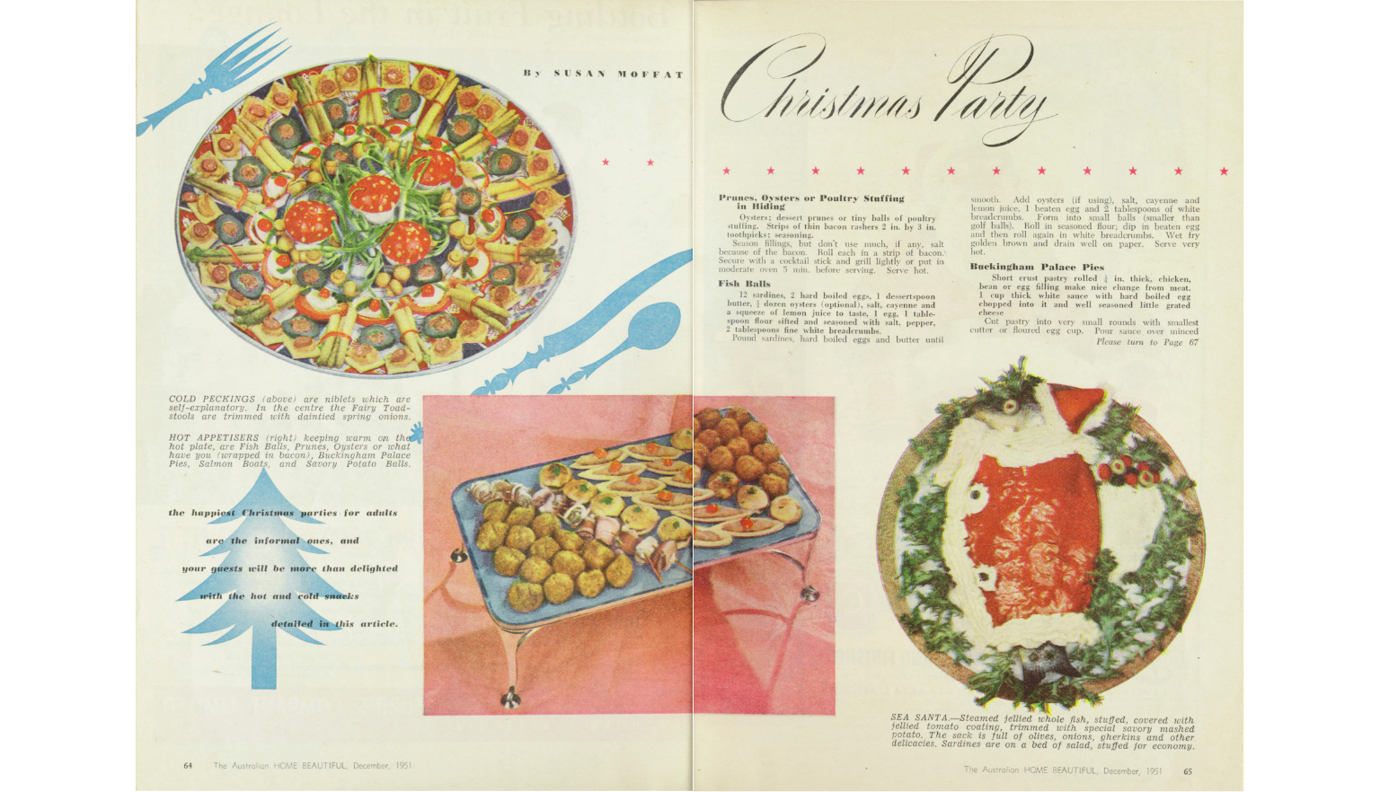 Double page spread of a magazine showing 3 colourful images of savoury Chirstmas party dishes and recipes to make them, including a 'Sea Santa' made of a whole jellyfish, fish balls, hot and cold apetisers and Buckingham palace pies