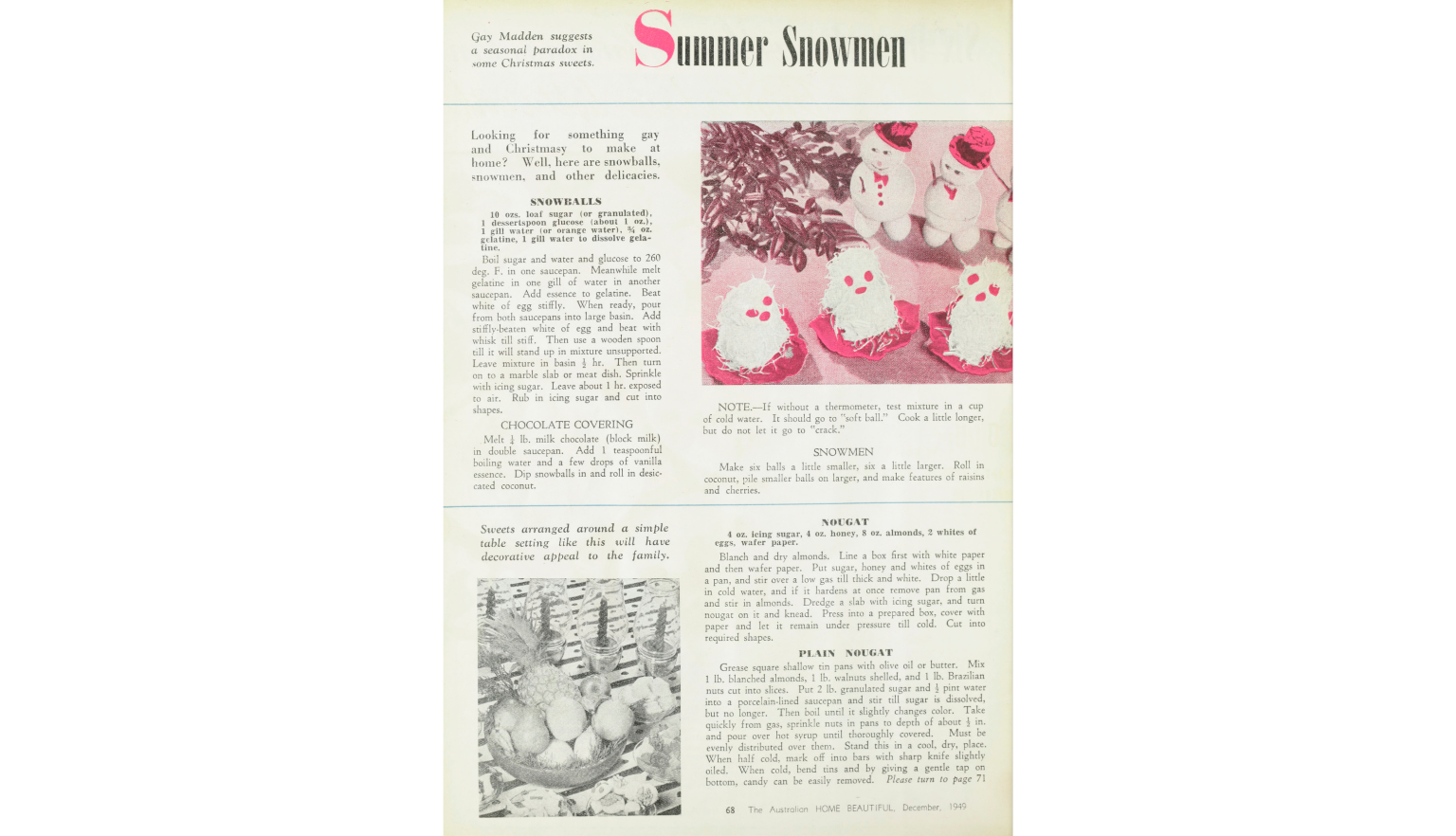 Page of a magazine with recipes for summer Christmas desserts including snowballs, snowmen and nougat
