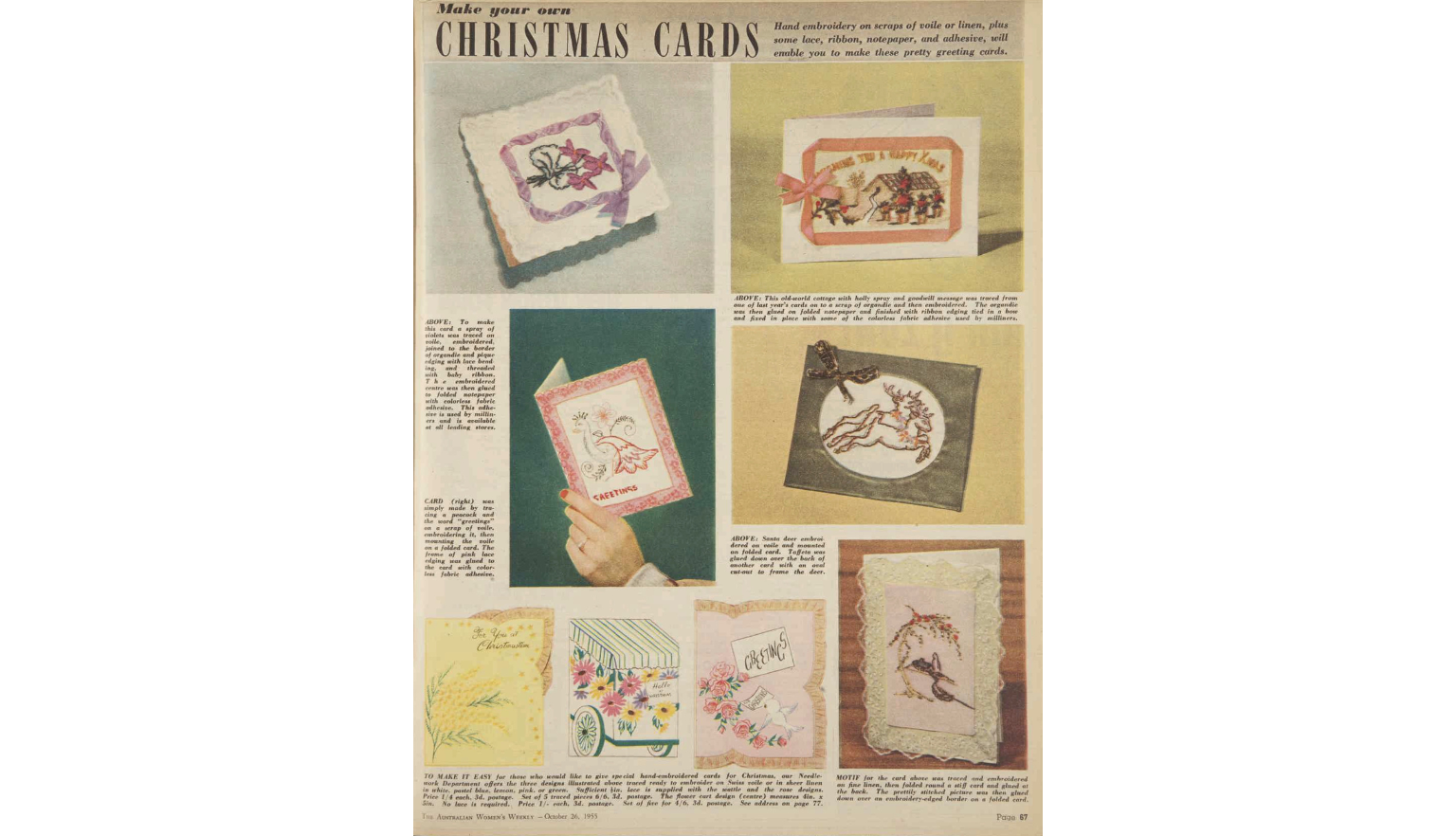 Magazine article about making cute Christmas cards with ribbons, lace and embroidery