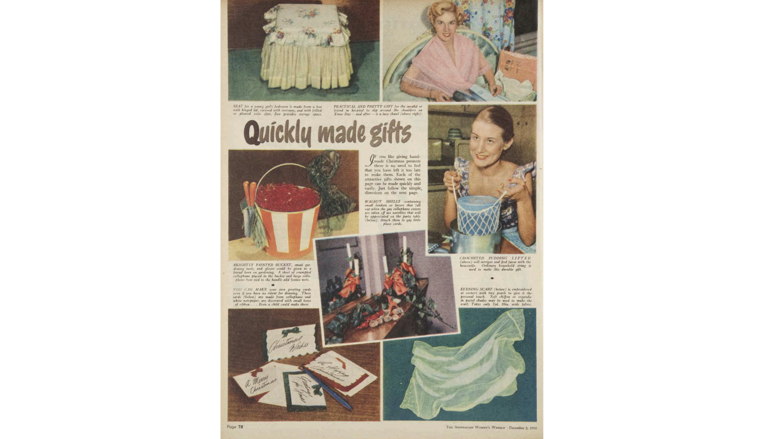 Magazine article about quickly made gifts for Christmas, with colourful images of the finished items, with descriptions of how to make them