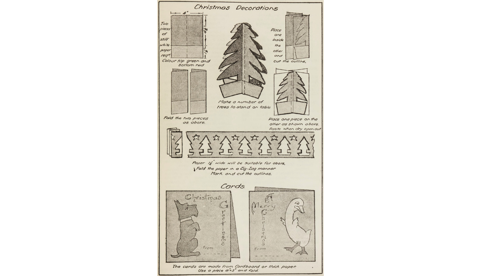 Page with instrcutions to create Christmas decorations and cards, including a 3D paper Christmas tree
