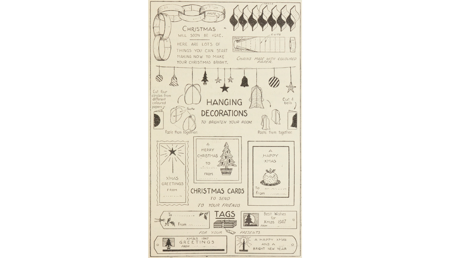 Page with instrcutions to create hanging Christmas decorations and Christmas cards