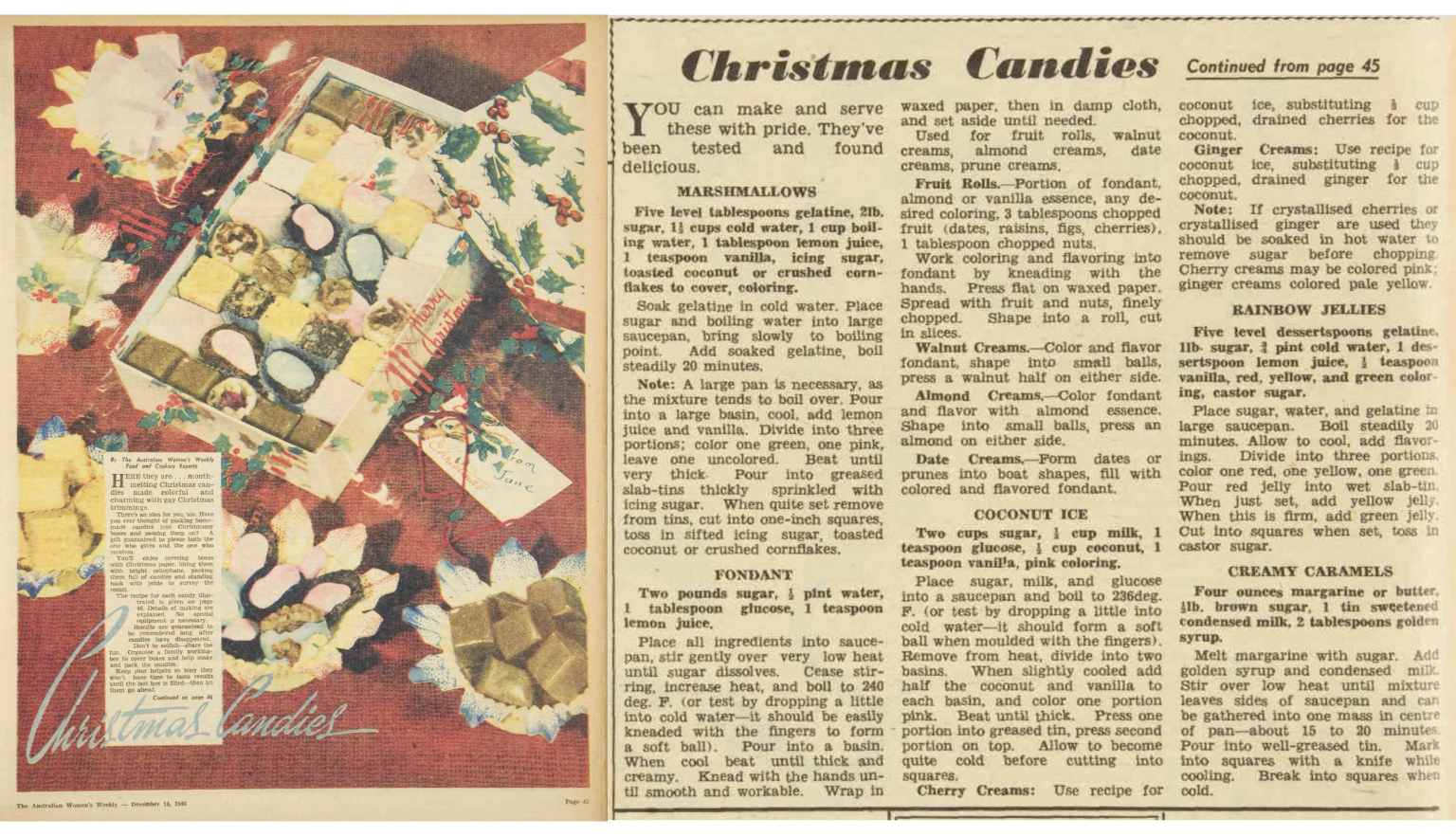 Picture and article from a magazine, the picture features a box of Christmas sweets and the article contains recipes for marshmallows, fruit rolls, walnut creams, cocnut ice and more