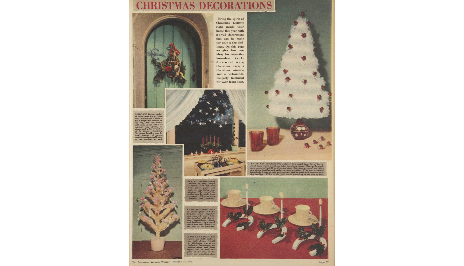 Page of a magazine with colourful pictures of homemade Christmas decorations, including Christmas horseshoes and a tree made from a net, with instructions to make them