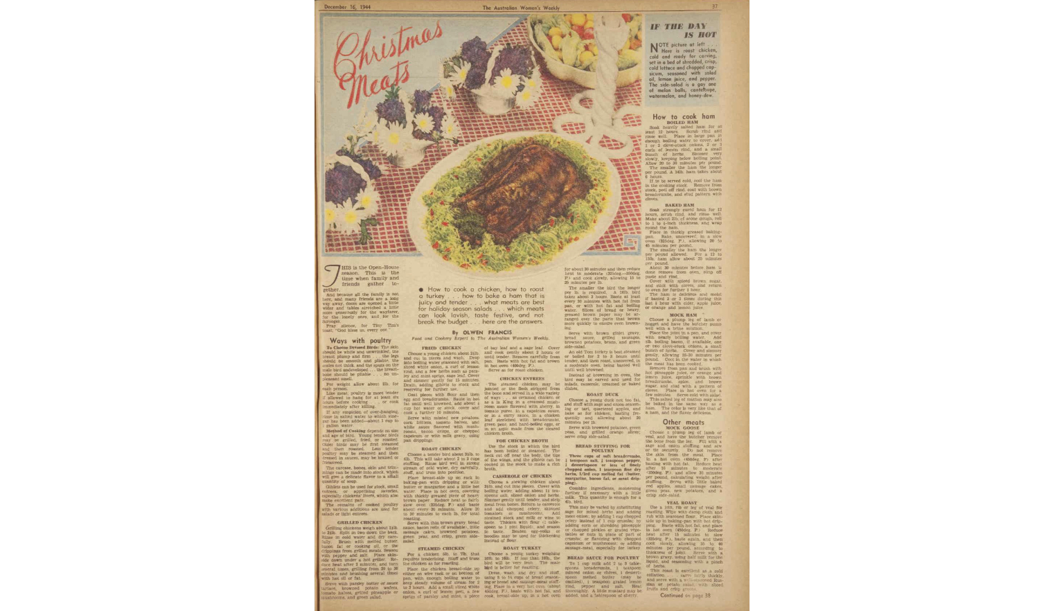 Page of a magazine with a colourful photo of a roast turkey on a table decorated with flowers, surrounded by instructions for preparing poultry and meat for Christmas
