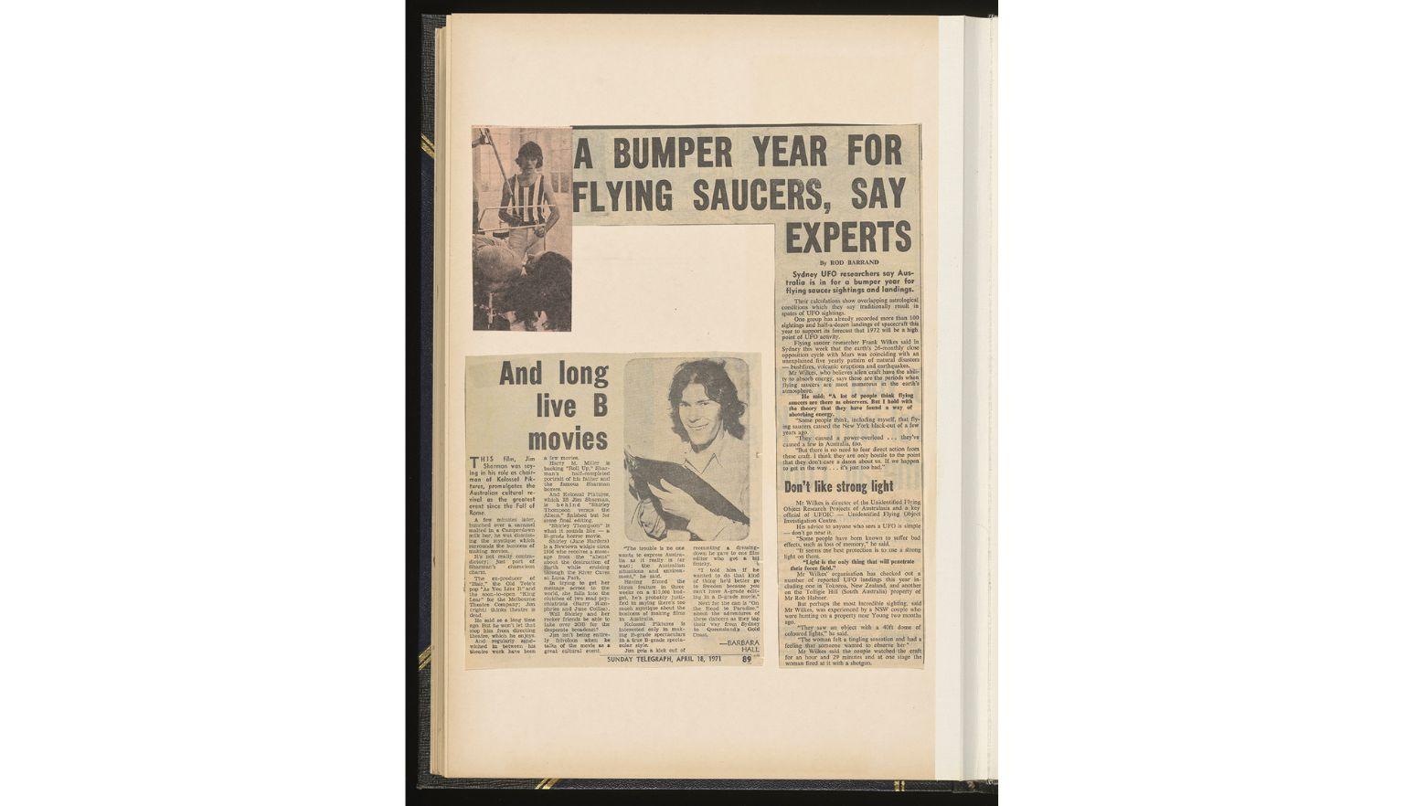 Two newspaper clippings. One titled: A bumper year for flying saucers, say experts. The other says: And long live B movies