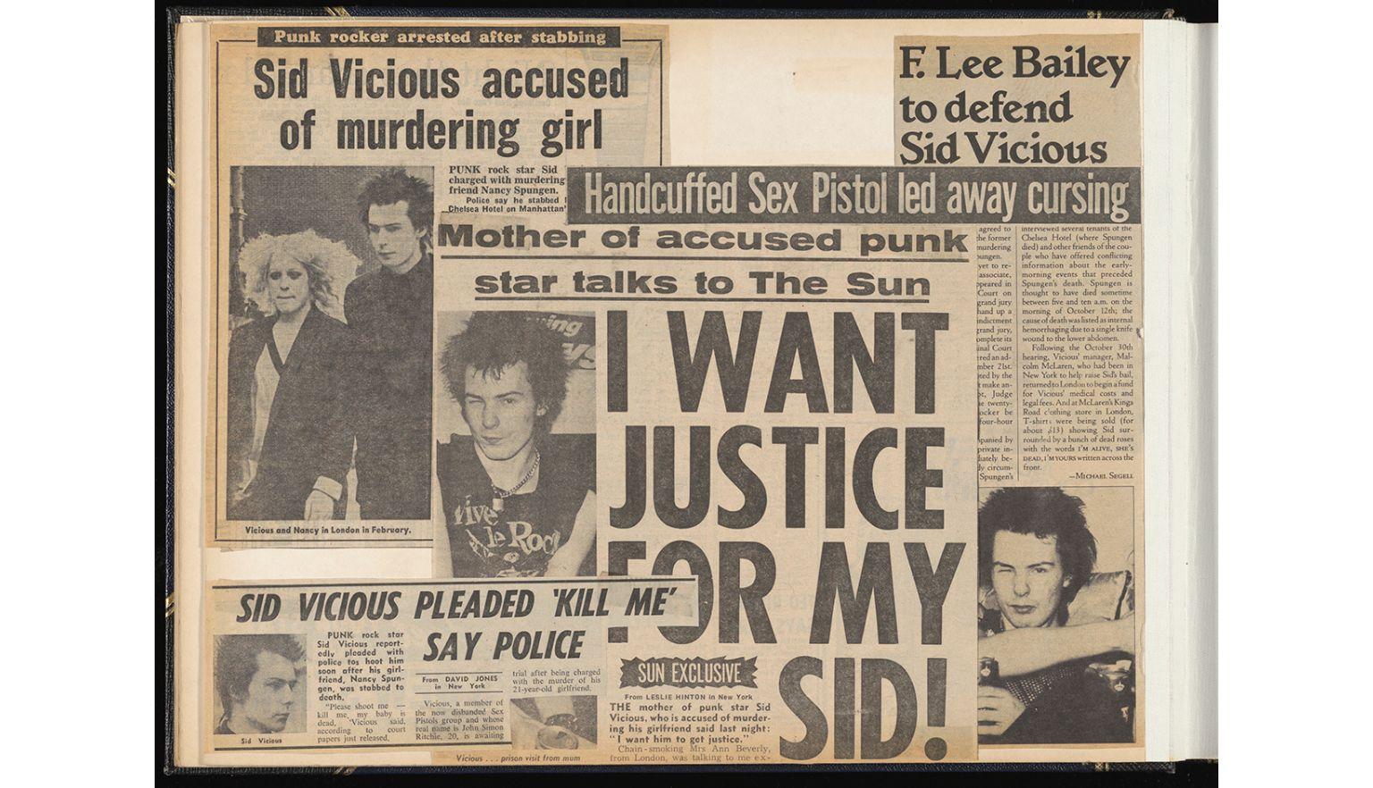 Collage of newspaper clippings about the arrest of Sid Vicious, from the Sex Pistols, who was accused  of murdering a girl