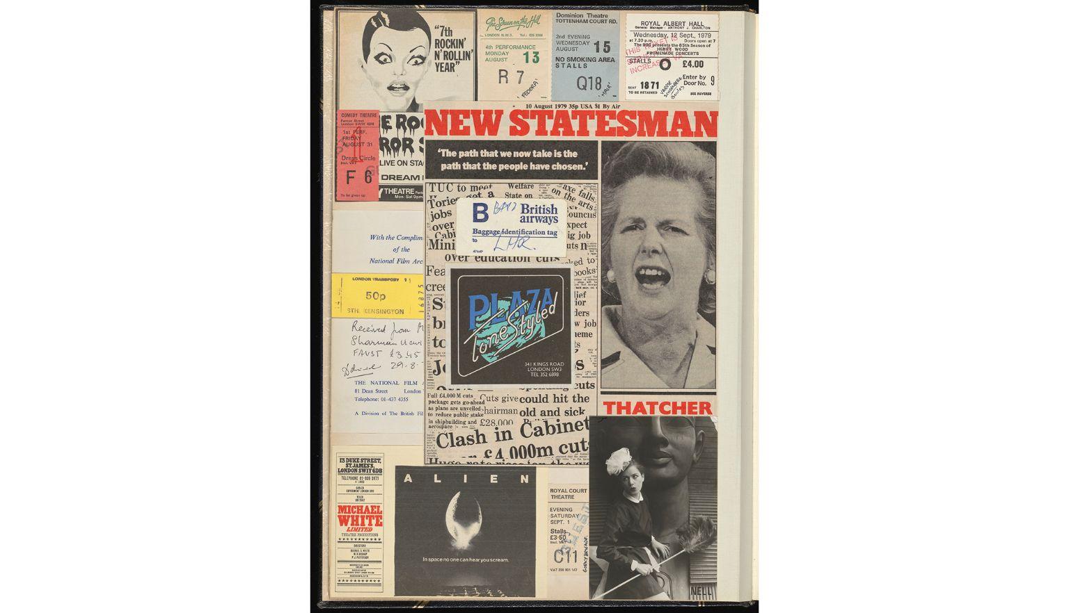 Visual diary collage with movie and main media ephemera, including rocky horror, Alien and a portrait of Margaret Thatcher