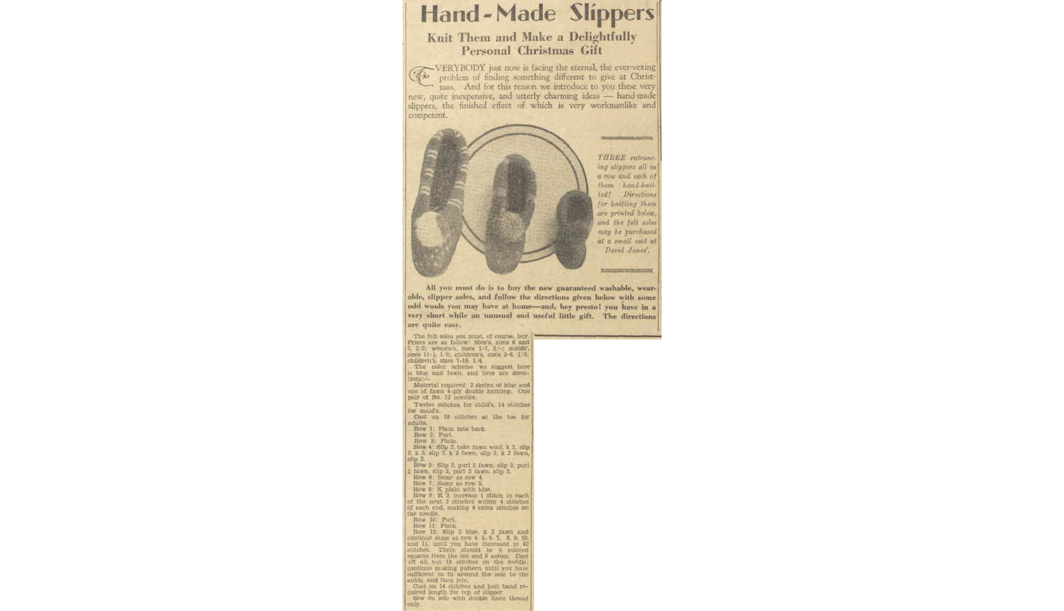 Magazine article with instructions to make hand-made slippers, three varitions are shown in a black and white image, being sifferent sizes and patterns