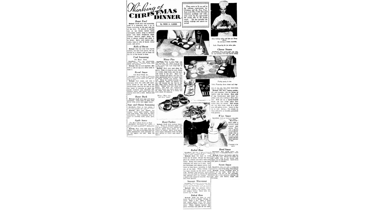 Newspaper article with several black and white photos sharing a range of recipes for Christmas savoury dishes and sauces including roast duck, cheese straws, bread sauce and wine sauce