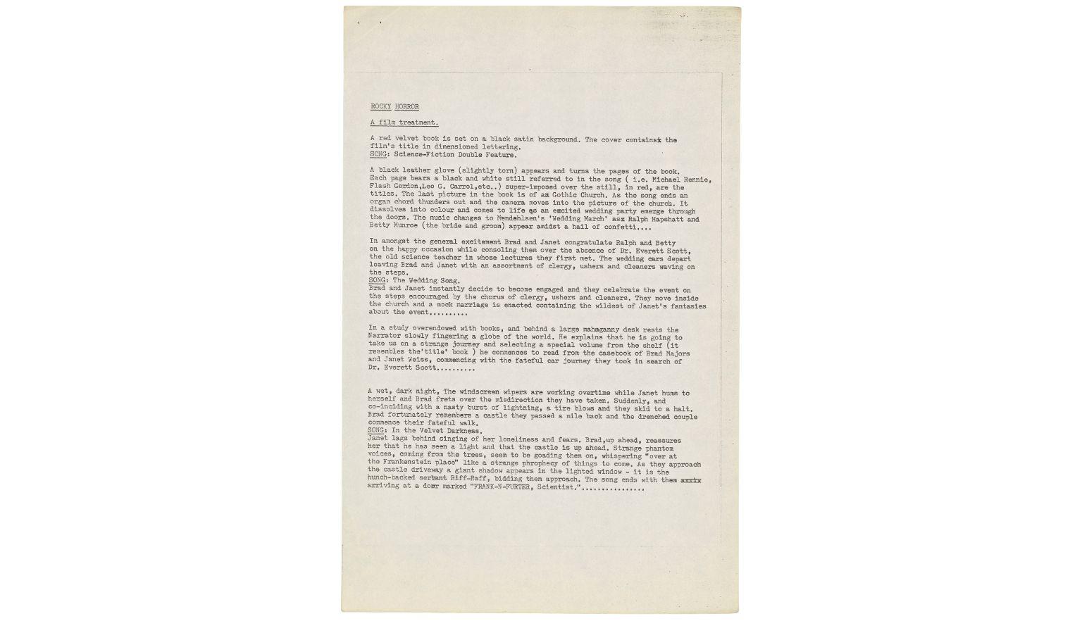 document with rocky horror picture show film treatment