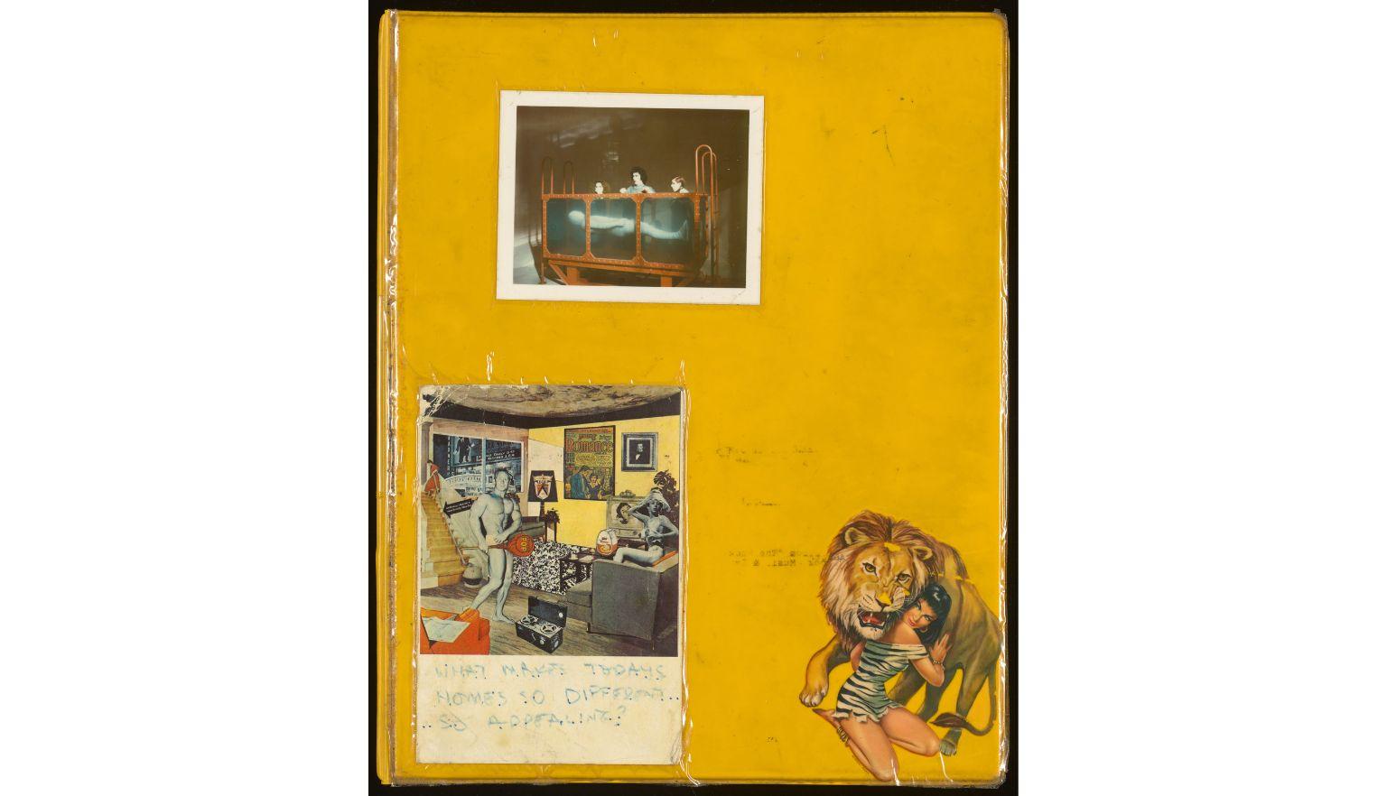 yellow ring binder folder with pasted on images, including image from rocky horror picture show