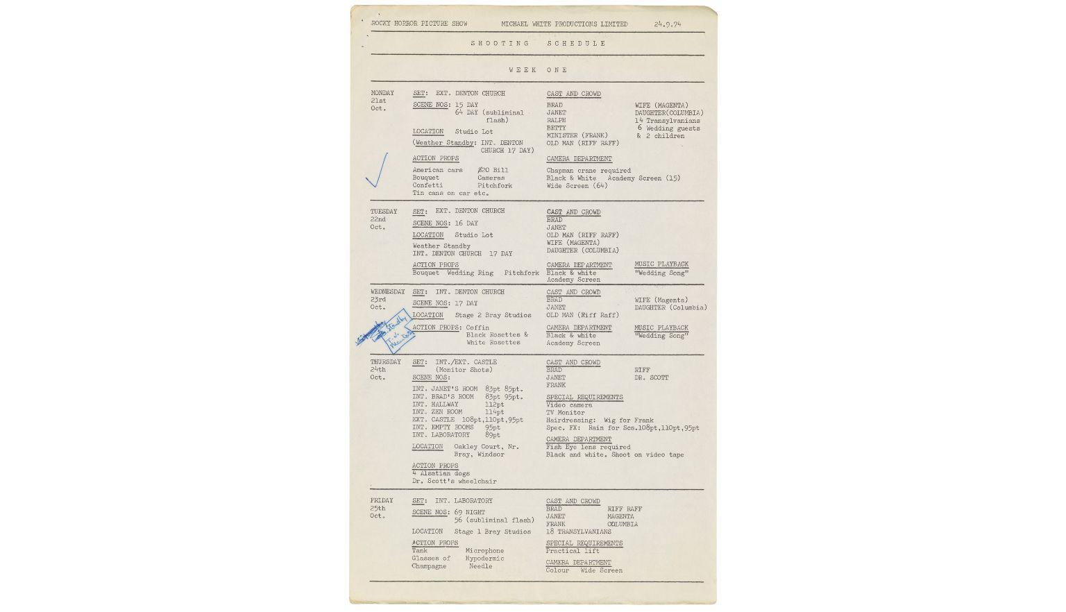 Document outlining week one shooting schedule for rocky horror picture show