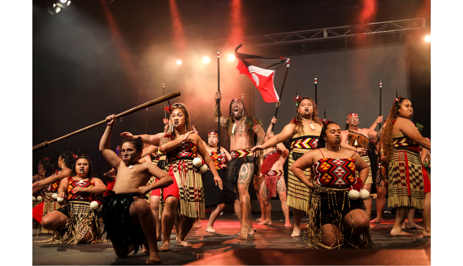 Group of dancers in traditional Maori dress posing during a performance