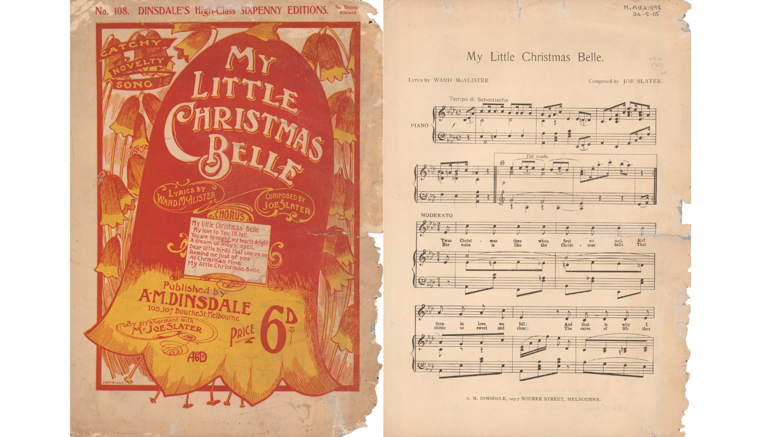 Front cover and first page of 'My Little Christmas Belle' music booklet. The cover features a red and yellow illustrations of bells and the names of the writer, composer and publisher. 