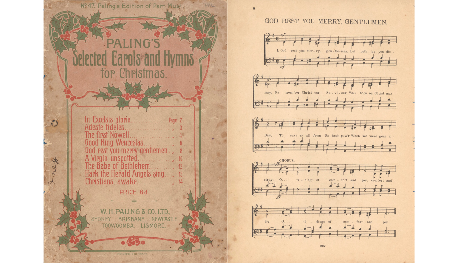 Front cover and page of 'Paling's Slected Carols and Hymns for Christmas' booklet. The cover includes pictures of holly around the title, and a list of the songs included, such as 'The first Nowell', 'Good King Wenceslas' and 'Hark the Herald Angels sing'. The page of the booklet is the melody and lyrics to the first verse of 'God Rest You Merry Gentlemen'