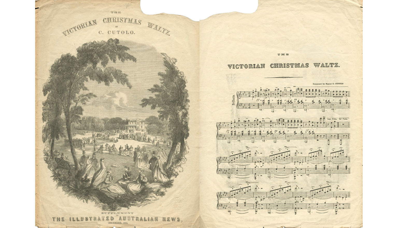 Front cover and fist page of 'The Victorian Chrismas Waltz by C Cutolo' music booklet. The cover features a print of many people dancing and socialising outside in a clearing in front of a building