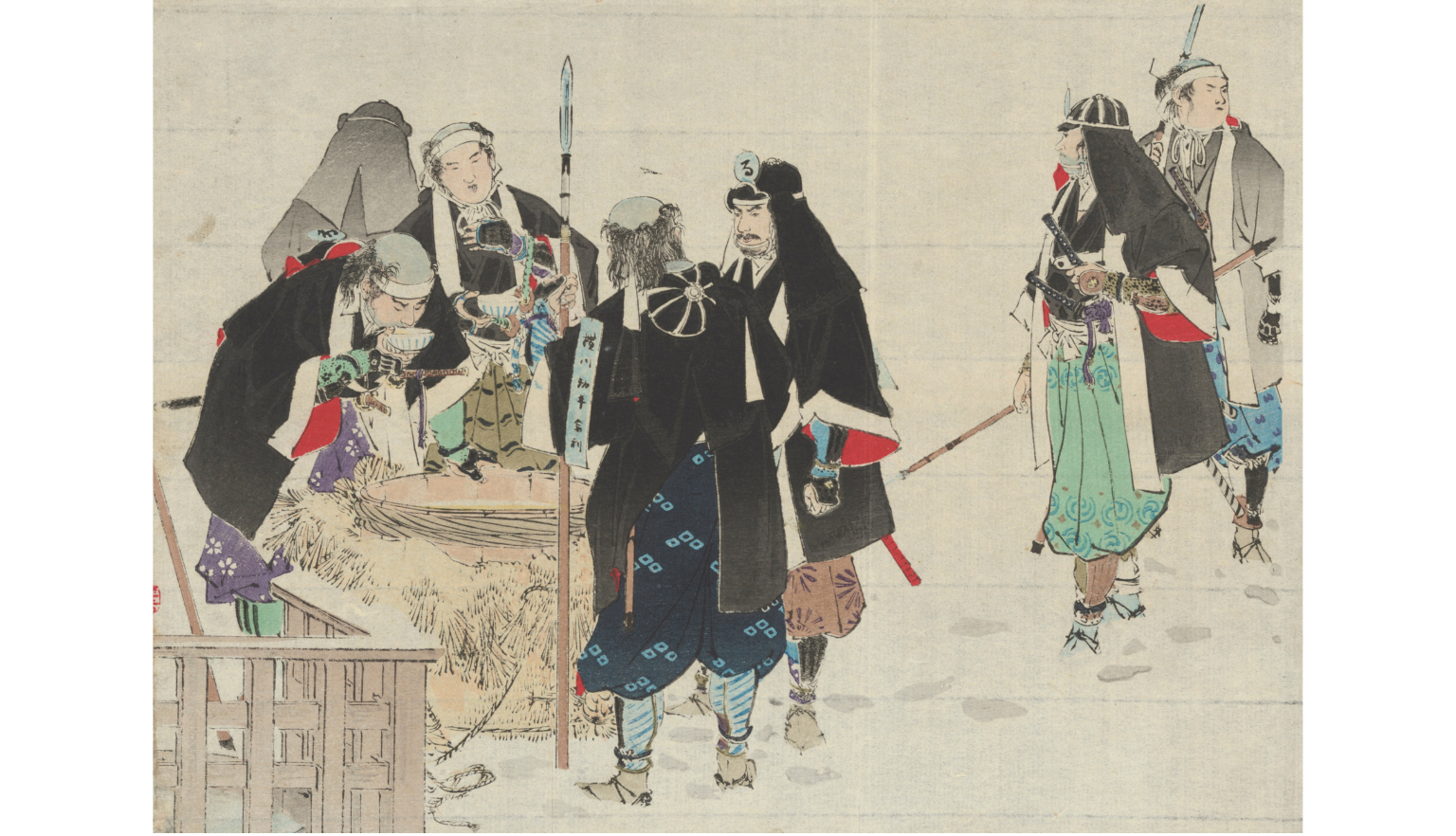 Japanese print of men gathered around a large cauldron